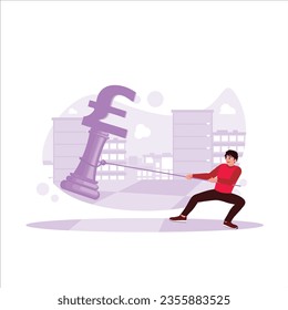 Un hombre tira una pieza de ajedrez con el símbolo del dinero de la libra británica. Estrategia de negocios de ajedrez. Ilustración plana vectorial moderna de tendencia