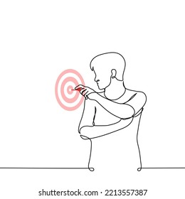 Man Pulls A Dart From The Center Of A Dartboard - One Line Drawing Vector. Concept Professional Sportsman Playing Darts