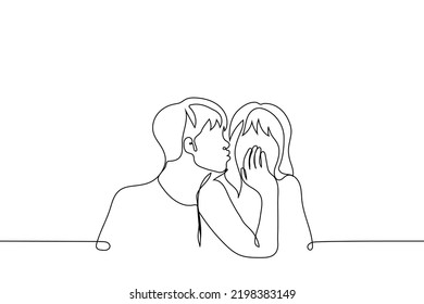 Man Pulls Lips To Kiss Shy Girl - One Line Drawing Vector. Concept Flirting, Falling In Love, Heterosexual Couple, Romantic Relationship, Newlyweds, Date