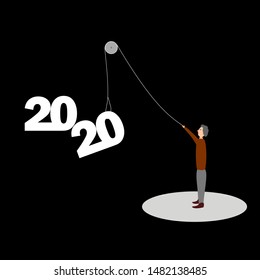 Man pulls on the rope 2020 year. new year 2020  concept. new year is coming. Vector background