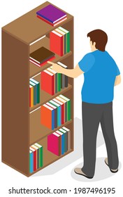 Man pulls out book from shelf. Librarian works with textbooks. Male person stretches his hand for book in closet. Cartoon character going to read and taking textbook. Guy standing next to bookcase