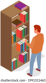 Man pulls out book from shelf. Person works with textbooks. Male student takes book in closet. Cartoon character going to read and taking textbook. Guy near bookcase isolated on white background