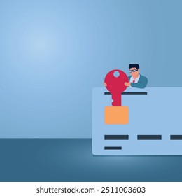 Un hombre saca una llave roja de una tarjeta de crédito, una ilustración de fraude con tarjeta de crédito.