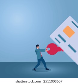 A man pulls a red key from a credit card, an illustration of credit card fraud.