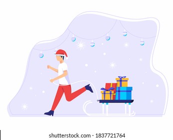Man pulls up a surfboard filled with presents for Christmas in winter. vector illustration.