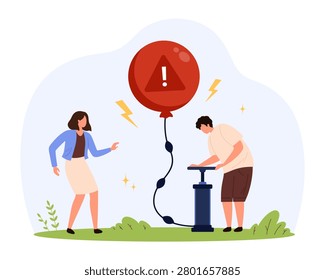 Man pumping red warning balloon while worried woman watches, metaphor for rising stress, anxiety and overthinking, flat cartoon style, isolated on white background vector illustration