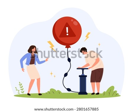 Man pumping red warning balloon while worried woman watches, metaphor for rising stress, anxiety and overthinking, flat cartoon style, isolated on white background vector illustration