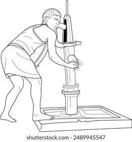 Man pumping water from hand pump, hand drawn in thin line style