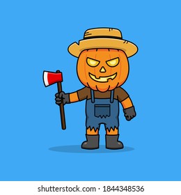 Man with pumpkin head carrying axe