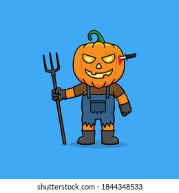 
Man with pumpkin head carrying pitchfork