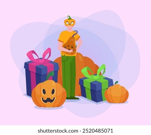 Hombre en máscara de calabaza que sostiene el jack-o-lantern, calabazas y cajas de regalo en fondo abstracto. Diseño de Anuncio de Halloween. Celebración, día de fiesta, concepto de fiesta. Ilustración vectorial para invitación o cartel