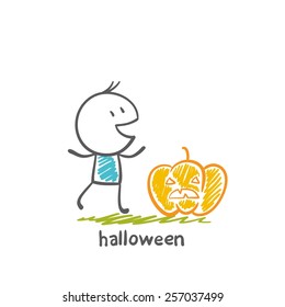 man with a pumpkin on Halloween illustration