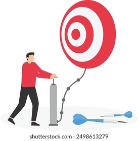 Man pumps up a balloon of a darts shape floats higher. Focus on global business goals. Modern vector illustration in flat style

