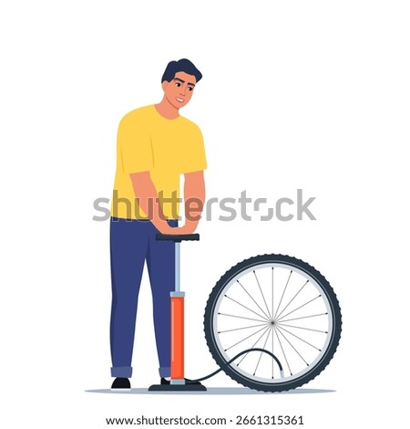Man pumps a bicycle wheel. Broken wheel needs repair. Bike repair. Vector