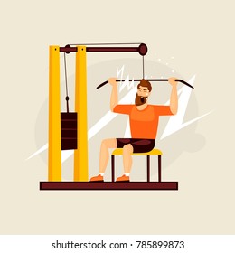Man pumps muscles gym. Flat design vector illustration.