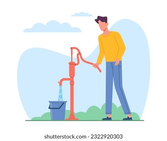 Man pumps water from well into bucket using water standpipe. Old vintage handle pipeline, mechanical process, machine pumping, pipe system, cartoon flat style isolated vector concept