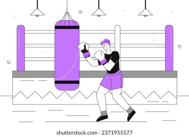 Man with punching bag line concept. Boxer in boxing gloves trains punch. Active lifestyle and sports. Training and workout, exercises. Sportsman in gym. Linear flat vector illustration