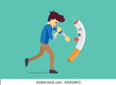 Man punching a cigarette to knock out. This illustration meaning to fighting for stop smoking.
