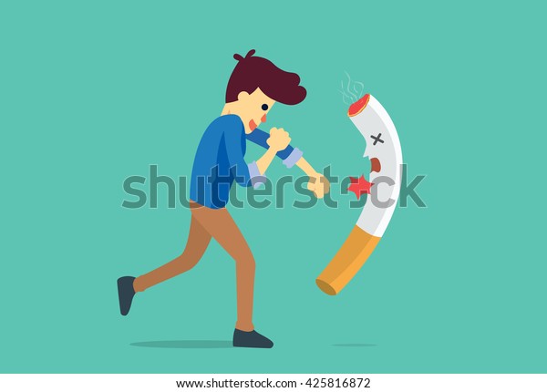 Man punching a cigarette to\
knock out. This illustration meaning to fighting for stop\
smoking.\
