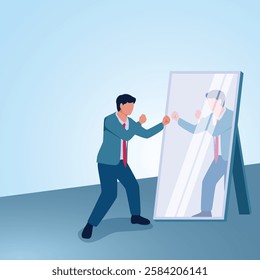 A man with a punching gesture facing a mirror image. Illustration for fighting yourself, self-confidence and being positive.