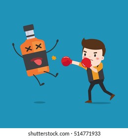 man punching liquor bottles to knock out. This illustration description to fighting for stop drinking alcohol.