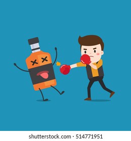 man punching liquor bottles to knock out. This illustration description to fighting for stop drinking alcohol.