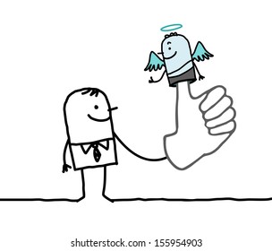 Mann mit Marionettenengel am Finger