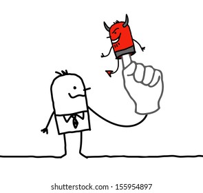 man with puppet devil on finger