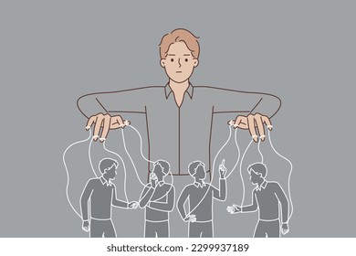 Man puppeteer manipulates people by controlling population with help of threads for concept of world government conspiracy. Businessman puppeteer uses manipulative methods to manage company employees