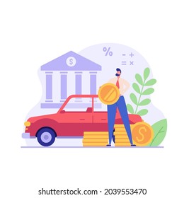 Man purchases car with bank loan. Happy client buying new automobile on motor credit. Concept of auto credit, car loan, auto finance, banking products. Vector illustration in flat for web banners, UI