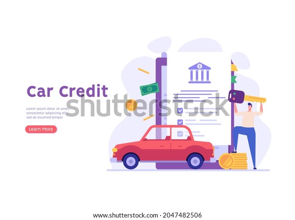 Man purchases car with bank loan. Happy client\
buying new automobile on motor credit. Concept of auto credit, car\
loan, auto finance, signing contract. Vector illustration in flat\
for web banners