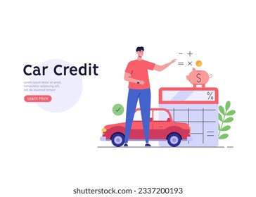 Man purchases car with new keys. Happy client buying new automobile. Car credit. Concept of auto loan, car buying, auto finance, calculator. Vector illustration in flat design for web banners, UI