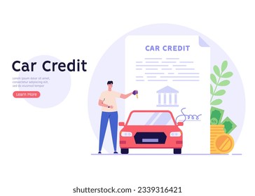 Man purchases car with new keys. Happy client buying new automobile. Car credit. Concept of auto loan, car buying, auto finance, calculator. Vector illustration in flat design for web banners, UI