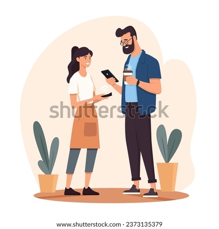 Man purchases coffee using contactless payment on a mobile phone