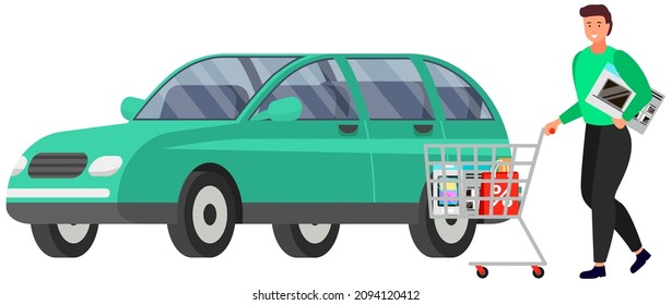 Man with purchases in supermarket trolley stands near car in parking lot, buyer with goods. Shopping concept, person with grocery basket loads purchases into trunk near store isolated on white