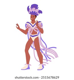 Man in purple costumes and plume of peacock feathers dancing at night party in Brazil. Happy ballet dancer walking to dance at Brazilian parade cartoon vector illustration cartoon vector illustration