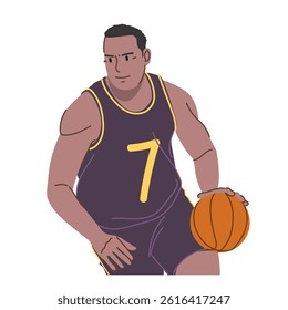 a man in a purple jersey is dribbling a basketball during a game