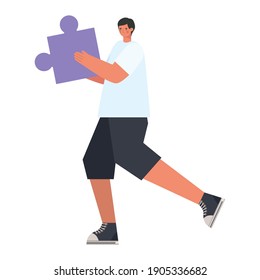 man with a purple puzzle piece on a white background vector illustration design