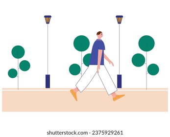 A man in a purple shirt walks alone in a city park, relaxing with natural green views. Character design. Vector flat illustration