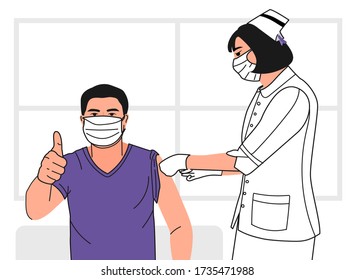 A man with purple shirt and wear the
face mask get the influenza vaccine by a nurse at the hospital