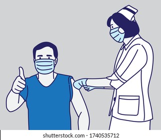 A man with purple shirt and wear the
face mask get the influenza vaccine by a nurse at the hospital