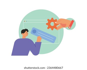 A man in a purple t-shirt is developing a website, with someone hand holding the settings. Character design. Vector flat illustration