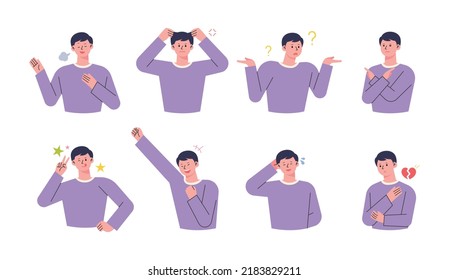 A man in a purple t-shirt. He is making various gestures to express his emotions. flat design style vector illustration.