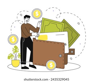 Mann mit Geldbörse Doodle. Junger Mann mit Geldbörse mit Banknoten und goldenen Münzen. Finanzkompetenz und Wohlstand. Reiche Person. Einfache flache Vektor-Illustration isoliert auf weißem Hintergrund