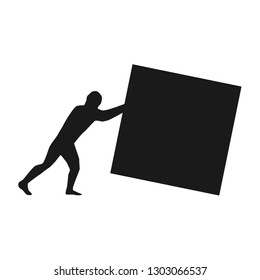 Man push big box . Black silhouette vector illustration.