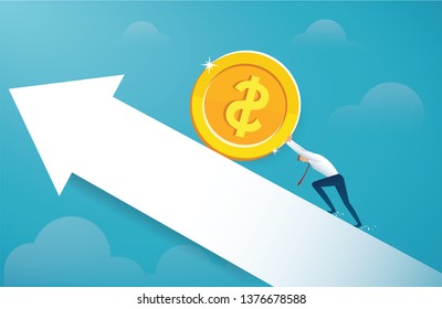 man push the big gold coin to success vector illustration eps10