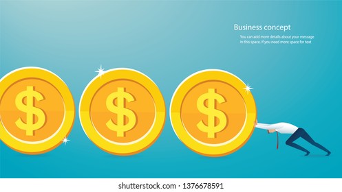 man push the big gold coin to success vector illustration eps10