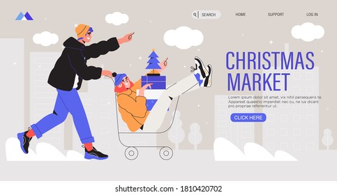 Man push cart with woman holding presents. Couple buy presents and gifts on christmas or new year market, sale, fair for relatives, family, children and friends. Winter holidays shopping banner, web.