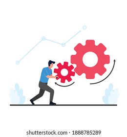 Man push the gear make it spin metaphor of work on process.