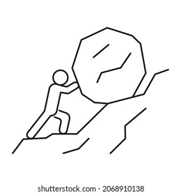 Man push hard stone in mountain. Drag load above you. Hard climb up mountain. Hard work challenge. Vector line illustration